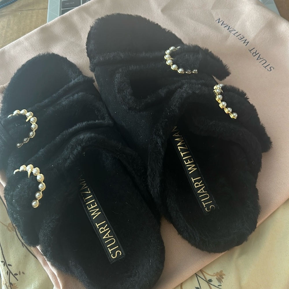 Stuart Weitzman Black Shearling Sandals with Pearl Buckles - Size 10